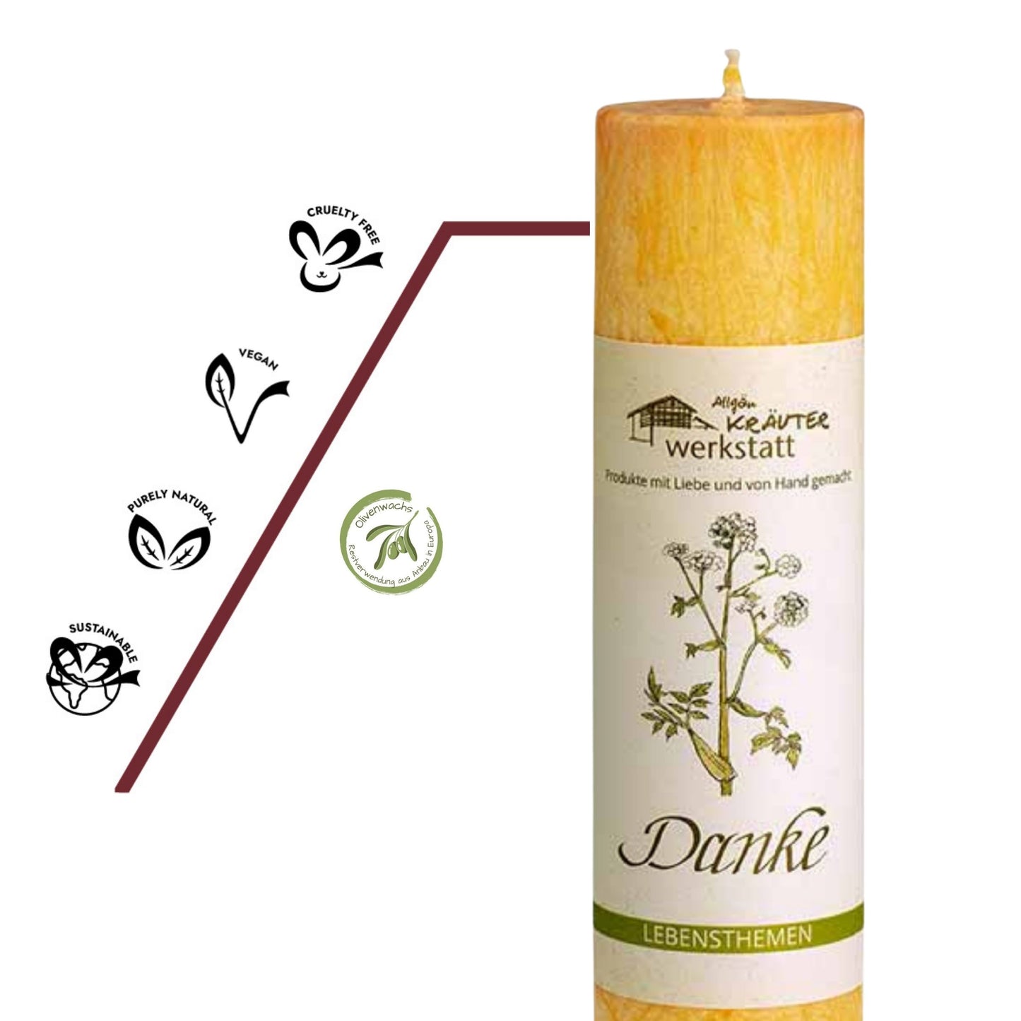 Vegane, nachhaltige Heilkräuterkerze Danke mit pflanzlichem Oliven-Stearin und naturreinen ätherischen Ölen