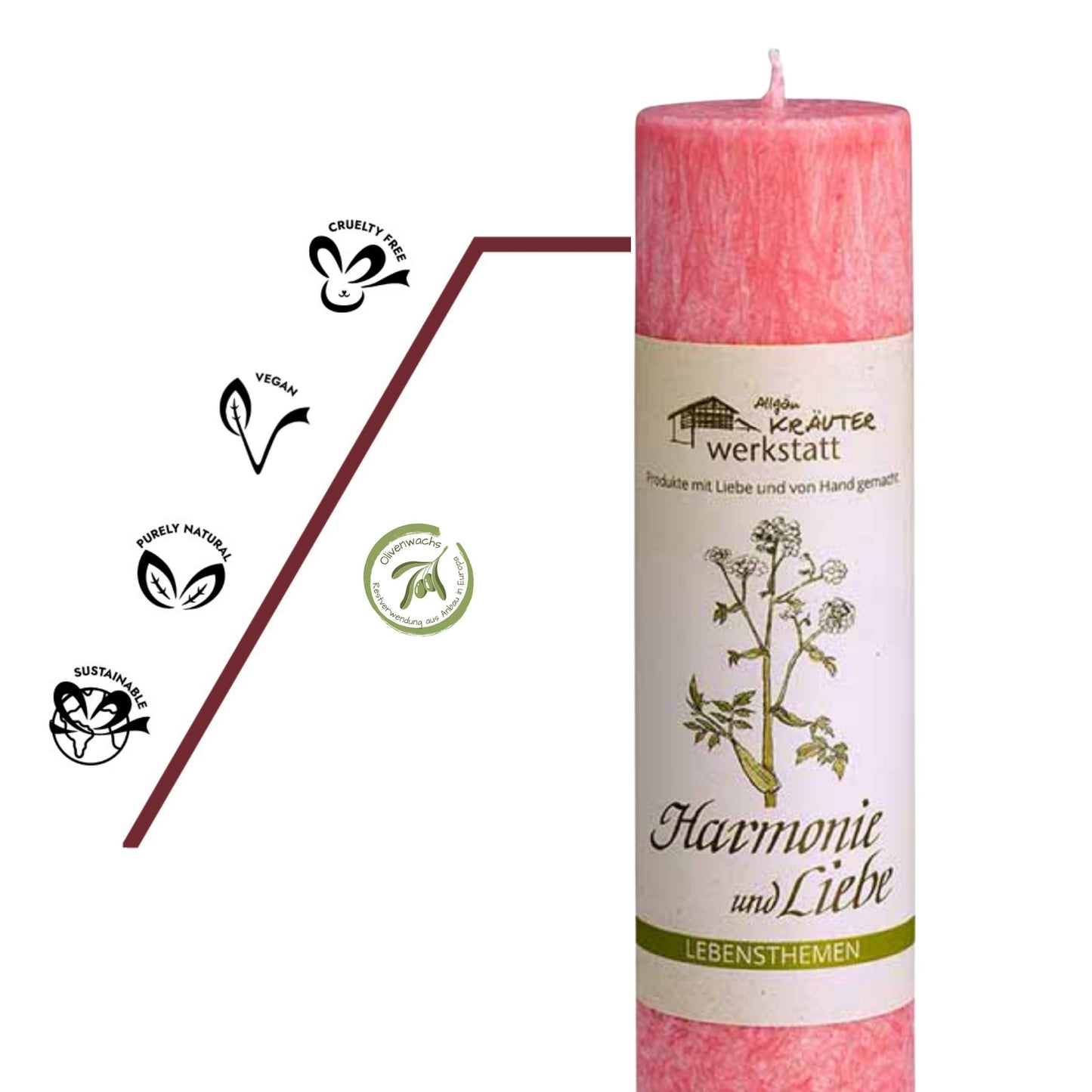 Vegane, nachhaltige Heilkräuterkerze Harmonie & Liebe mit pflanzlichem Oliven-Stearin und naturreinen ätherischen Ölen