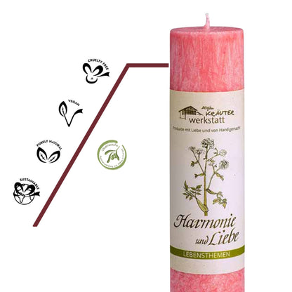 Vegane, nachhaltige Heilkräuterkerze Harmonie & Liebe mit pflanzlichem Oliven-Stearin und naturreinen ätherischen Ölen