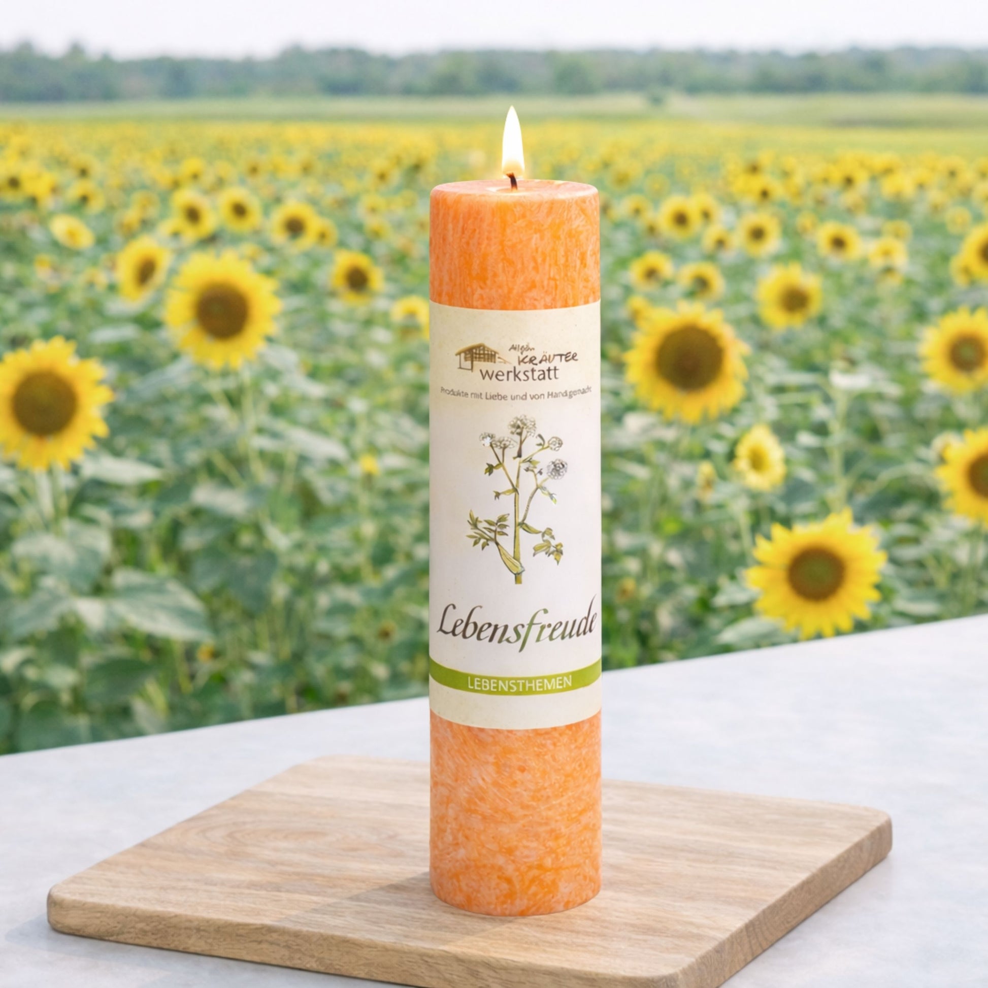 Heilkräuterkerze Lebensfreude vor Sonnenblumenfeld. Natürliche vegane Kerze die Freude spendet.