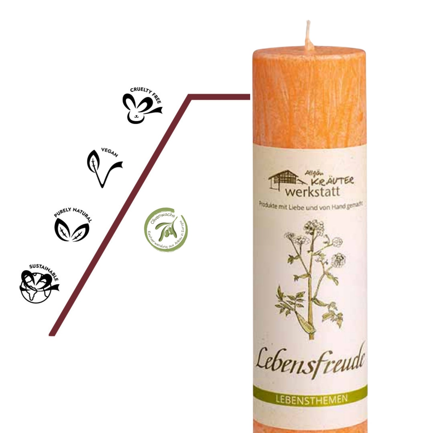 Vegane, nachhaltige Heilkräuterkerze Lebensfreude mit pflanzlichem Oliven-Stearin und naturreinen ätherischen Ölen