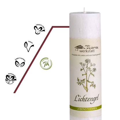 Vegane, nachhaltige Heilkräuterkerze Lichtengel mit pflanzlichem Oliven-Stearin und naturreinen ätherischen Ölen