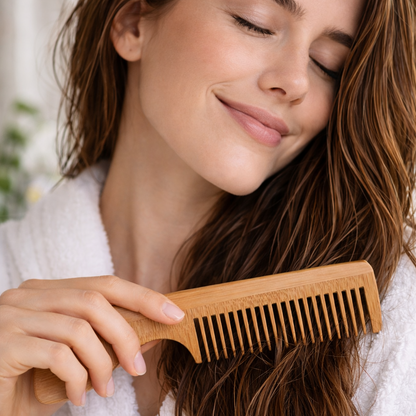 Holzkamm mit Stiel aus nachhaltigem in Anwendung bei Frau – sanftes Entwirren, Kopfhautmassage und natürliche Haarpflege.