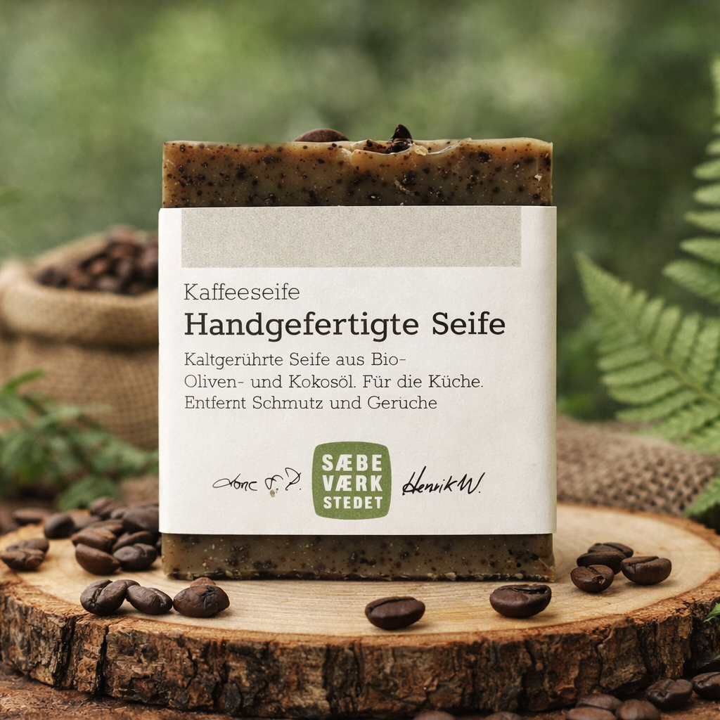 Bio Kaffeeseife mit gemahlenen Kaffeebohnen für sanftes Peeling, straffende Wirkung und hautpflegenden Extrakt.