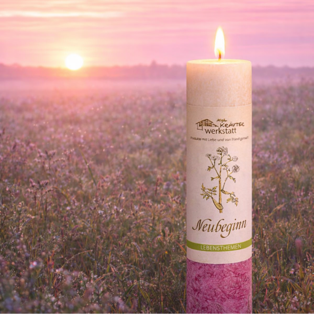 Angezuendete Kräuterkerze Neubeginn mit sanft knisternder Flamme und harmonischem Lichtspiel
