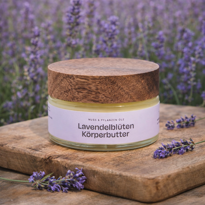 Lavendel Blüten Shea Körperbutter in nachhaltiger Glas-Verpackung, Holzdeckel, Bio-Bienenwachs und naturrein