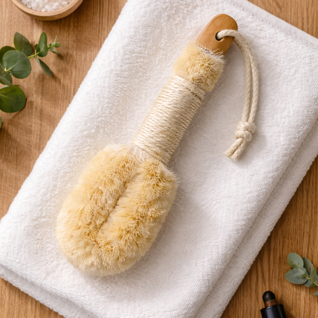 Sisal Trockenbürste mit Holzgriff auf Handtuch in Badezimmer. 