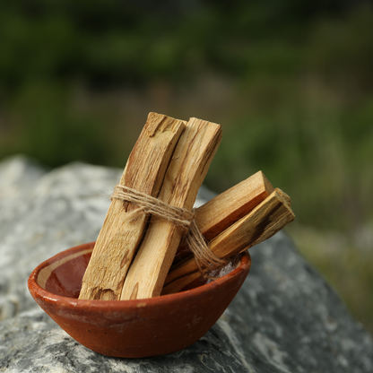 Palo Santo Stäbchen dekorativ in natürlicher Umgebung, harmonische Stimmung, warmes Licht.