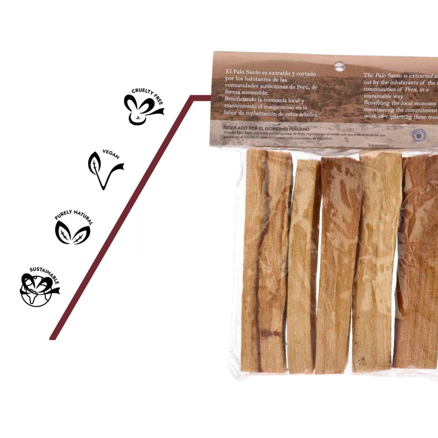 Palo Santo aus ethischer Wildsammlung mit Hinweis auf nachhaltige Herkunft und naturreine Qualität.