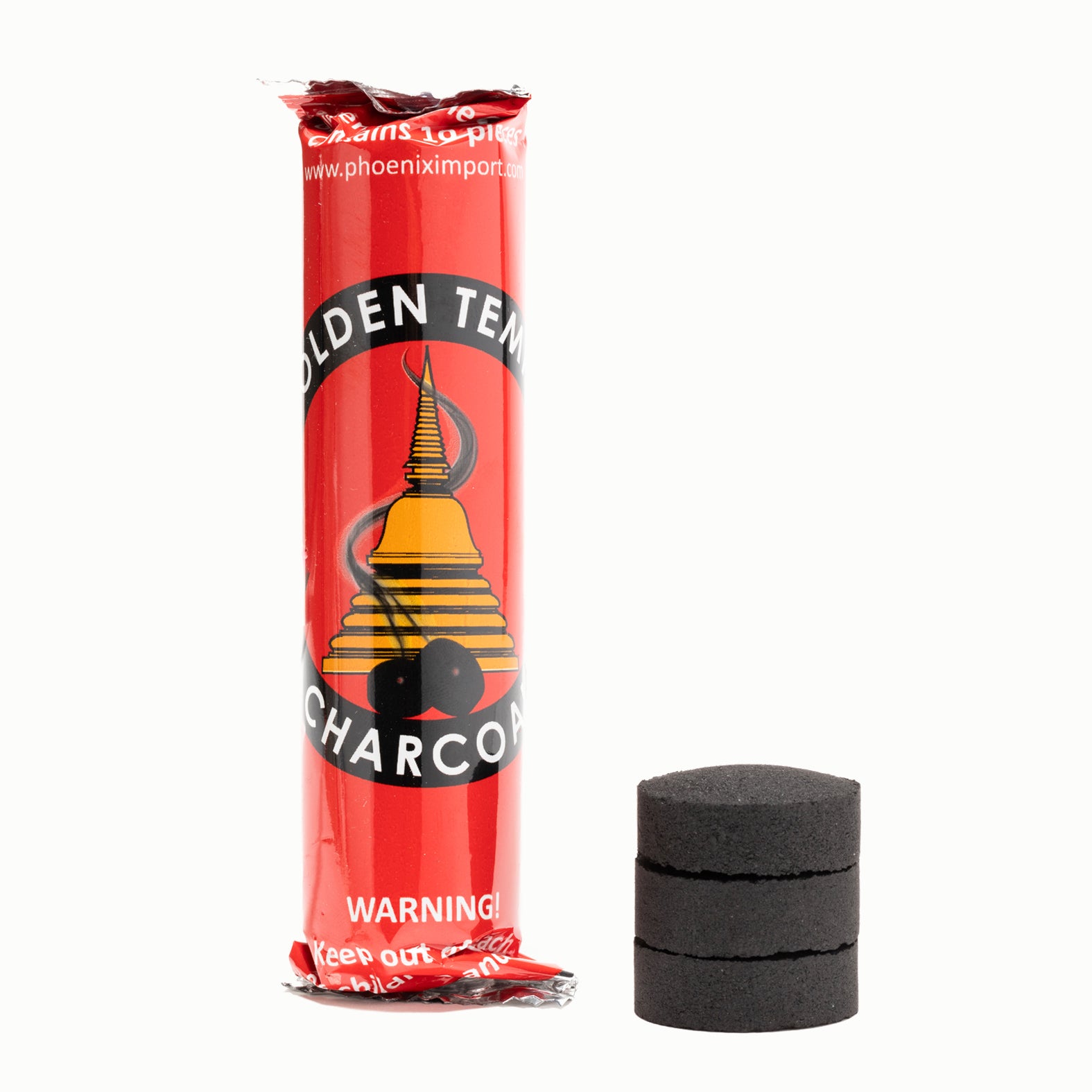 Frontansicht der Golden Temple Räucherkohle, naturrein und ohne chemische Zusätze