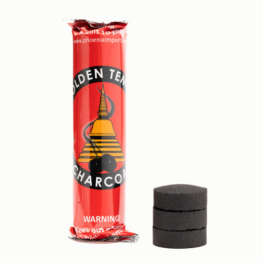 Frontansicht der Golden Temple Räucherkohle, naturrein und ohne chemische Zusätze