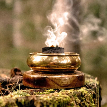 Detailaufnahme der harmonischen Kombination aus Holzfuß und goldfarbenem Metallgehäuse