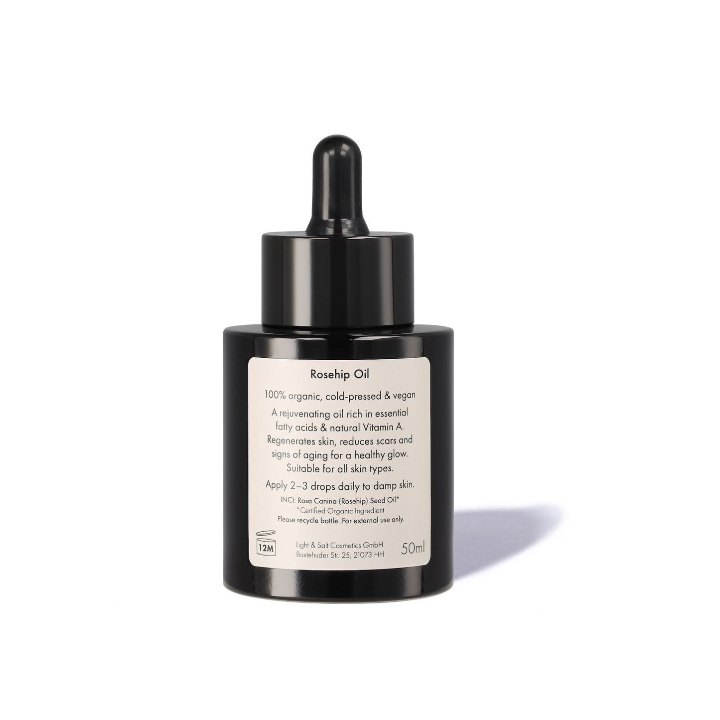 Bio Hagebuttenkernöl Inhaltsstoffe: .kaltgepresst, 100% biologisch, COSMOS Organic zertifiziert, vegan und cruelty-free
