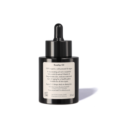 Bio Hagebuttenkernöl Inhaltsstoffe: .kaltgepresst, 100% biologisch, COSMOS Organic zertifiziert, vegan und cruelty-free
