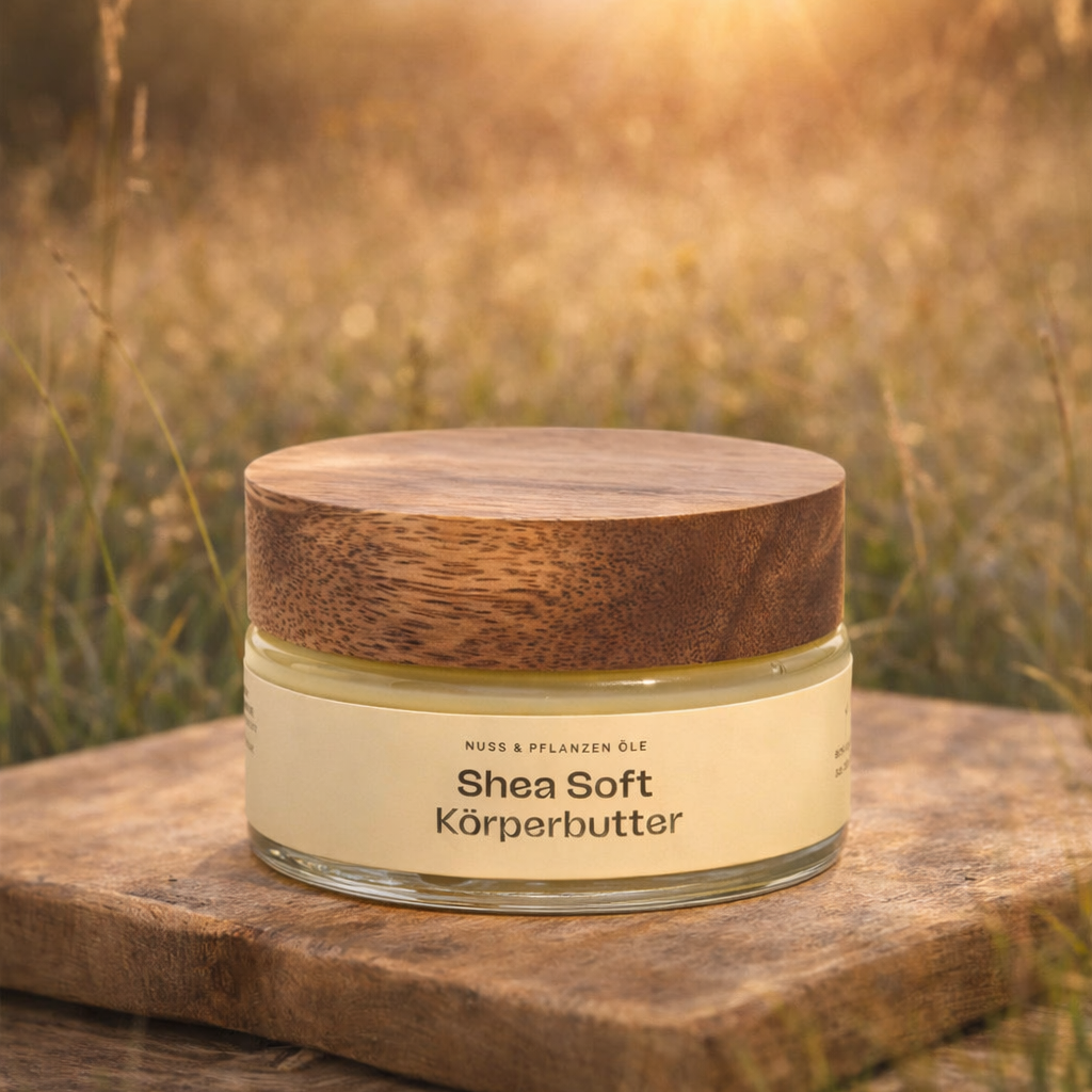 Shea-Soft Bio Körperbutter, 100 % naturrein und reichhaltig pflegend in natürlicher Umgebung.