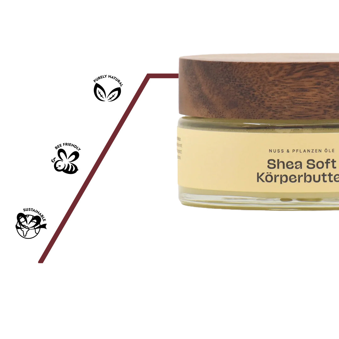 Naturreine Bio-Zutaten der Shea-Soft Körperbutter, ohne synthetische Zusätze und nachhaltig