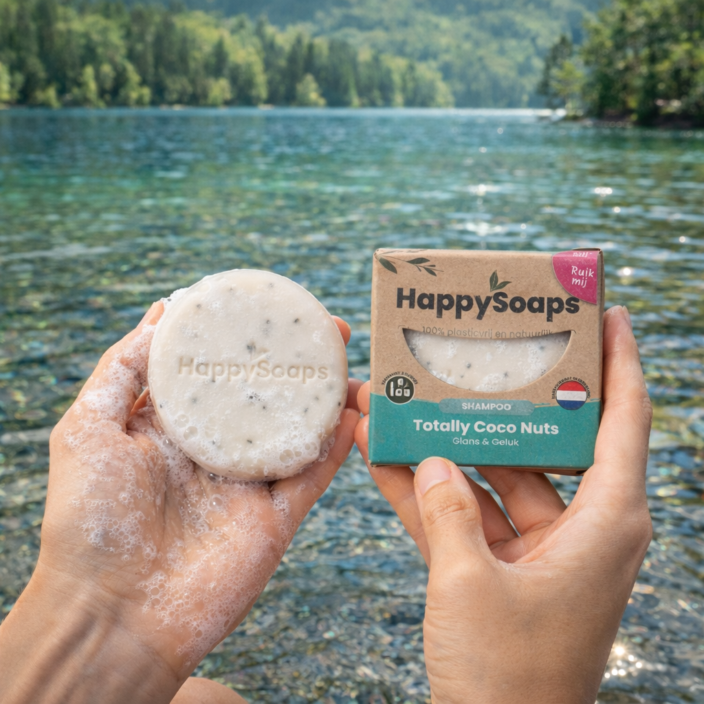 Plastikfreie Shampoo Bar Kokosnuss – handgemacht in den Niederlanden, biologisch abbaubar und sanft zur Kopfhaut und Natur. 