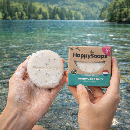 Plastikfreie Shampoo Bar Kokosnuss – handgemacht in den Niederlanden, biologisch abbaubar und sanft zur Kopfhaut und Natur. 