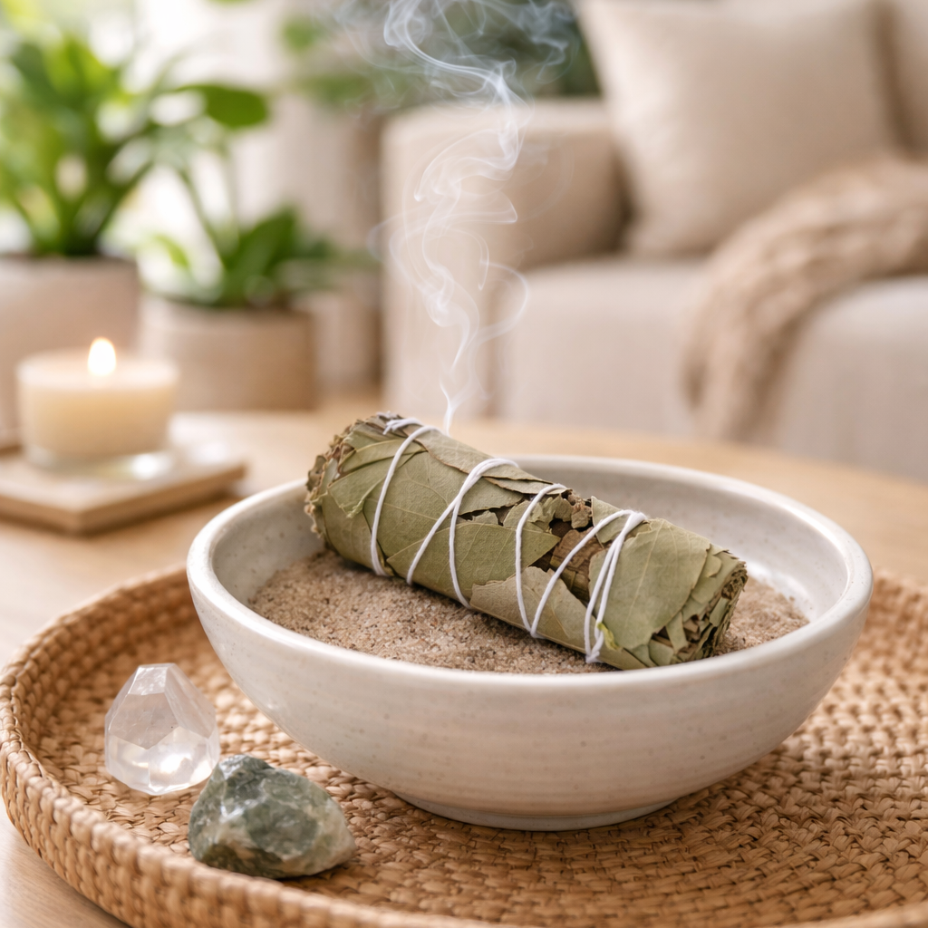 Raeucherbuendel angezuendet zur energetischen Reinigung, Raumklang und bewussten Raeucherpraxis.