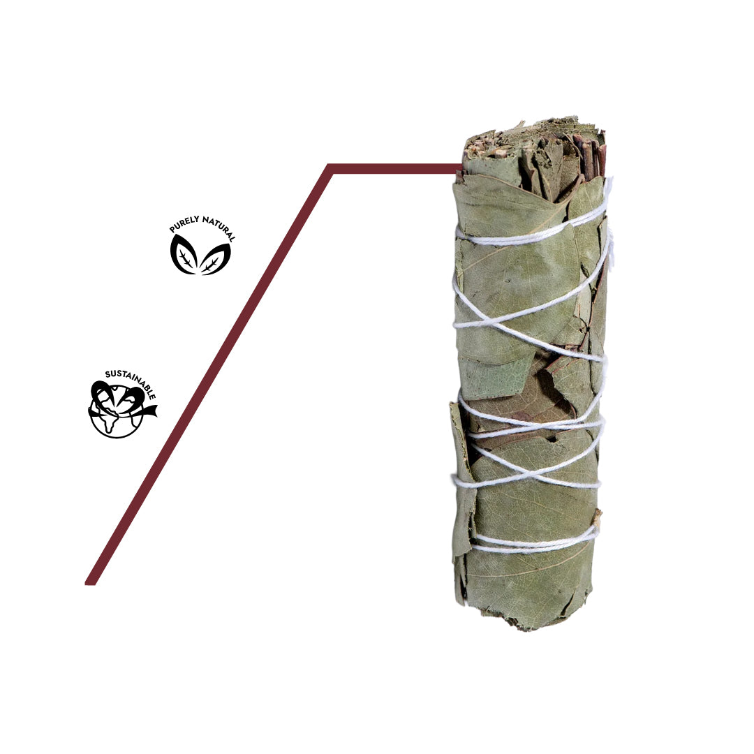 100% naturreines, biologisch angebautes Raeucherbuendel aus weissem Salbei und Eukalyptus, frei von Chemie.