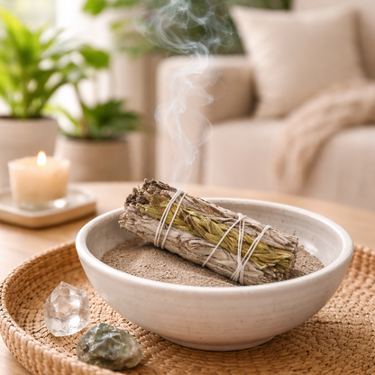 Bio Raeucherbuendel in einer Wohnung zur energetischen Raumreinigung und Harmonisierung des Zuhauses.