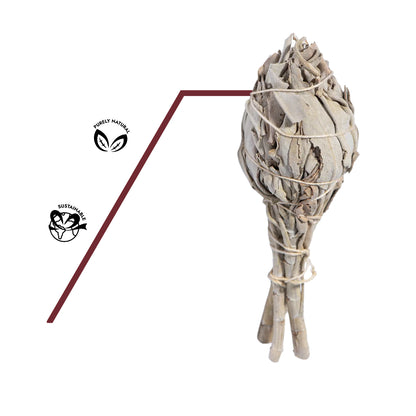 Naturreine weiße Salbei Fackel mit Hinweis auf Qualität, Zertifikat oder Herkunft, unbehandelt und nachhaltig.