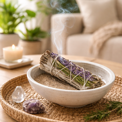 Duftendes Kraeuterbuendel aus weissem Salbei, Lavendel und Rosmarin, wirkt beruhigend, ausgleichend und vitalisierend.