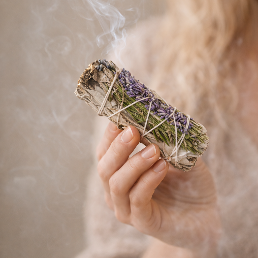 Weisses Salbei-Lavendel-Rosmarin-Buendel zur Unterstuetzung von Meditation, Ritualen und bewusster Raumharmonisierung.