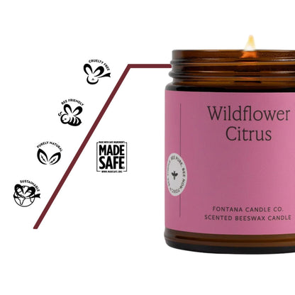 Wildflower-Zitrus Aroma Kerze, nachhaltig verpackt, MADE SAFE zertifiziert, natürlich, ungiftig, frei von Paraffin, sicher für Zuhause.