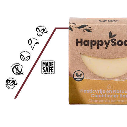 Handgemachte Chamomile Conditioner Bar aus den Niederlanden – mild, pflegend und mit dezenter Kamillen-Aromatherapie – vegan, handgefertigt, plastikfrei verpackt und biologisch abbaubar.
